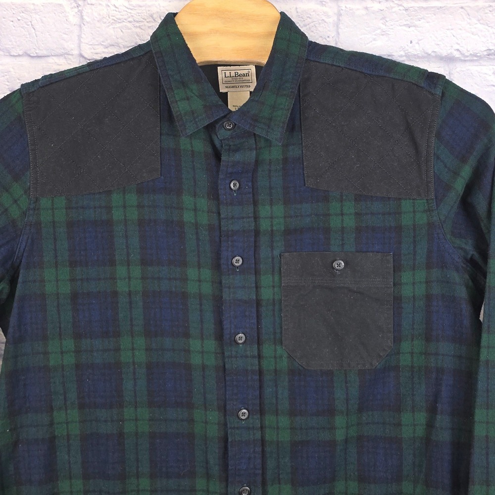 LL Bean Men‎ Flannel Hunting Shirt Blackwatch Plaid Shooting Patches Large TALL